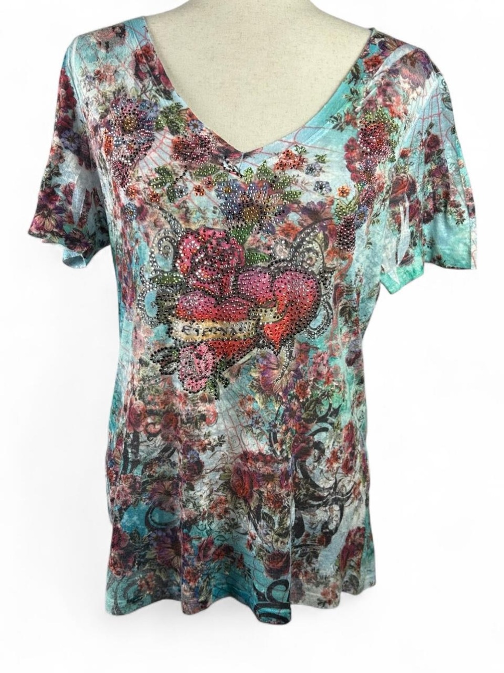Mcbling Heart & Rose Rhinestone Blue V Neck